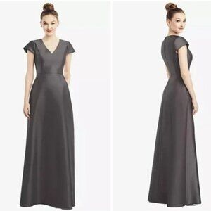 Alfred Sung Caviar Gray Cap Sleeve V-Neck Satin Gown with Pockets D779 Sz 12 NEW